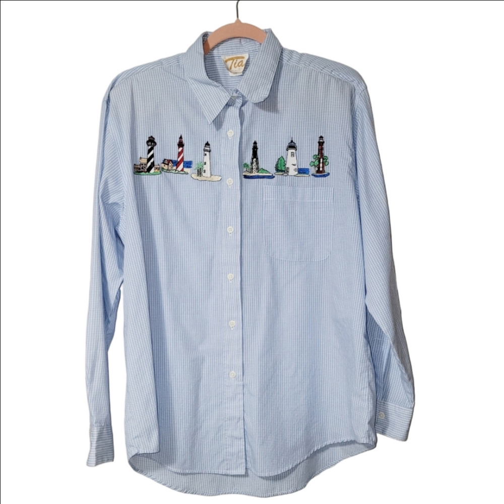 Vintage TIA DESIGNS Lighthouse Gingham Button Up Long Sleeve Grandma Nautical L